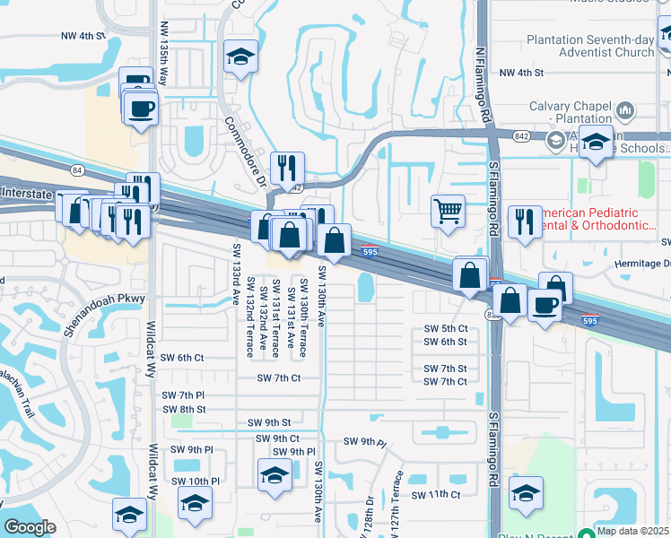 map of restaurants, bars, coffee shops, grocery stores, and more near 622 Southwest 130th Avenue in Davie