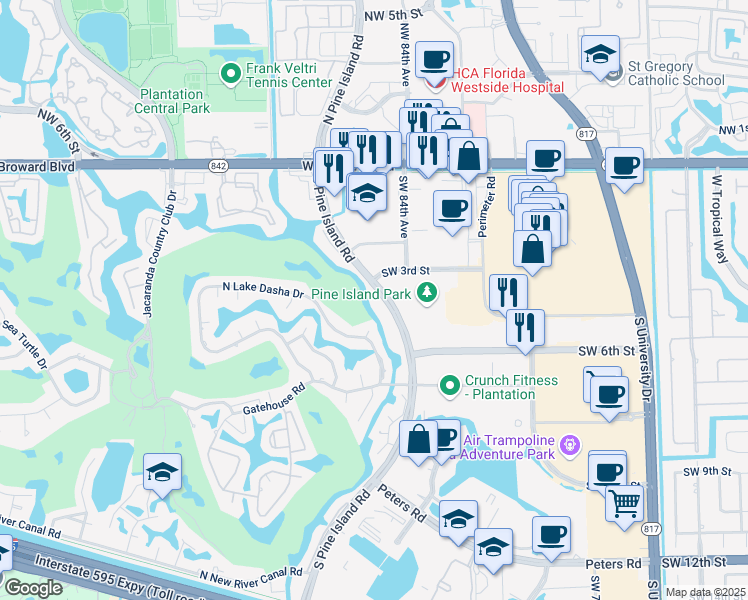 map of restaurants, bars, coffee shops, grocery stores, and more near 415 South Pine Island Road in Plantation