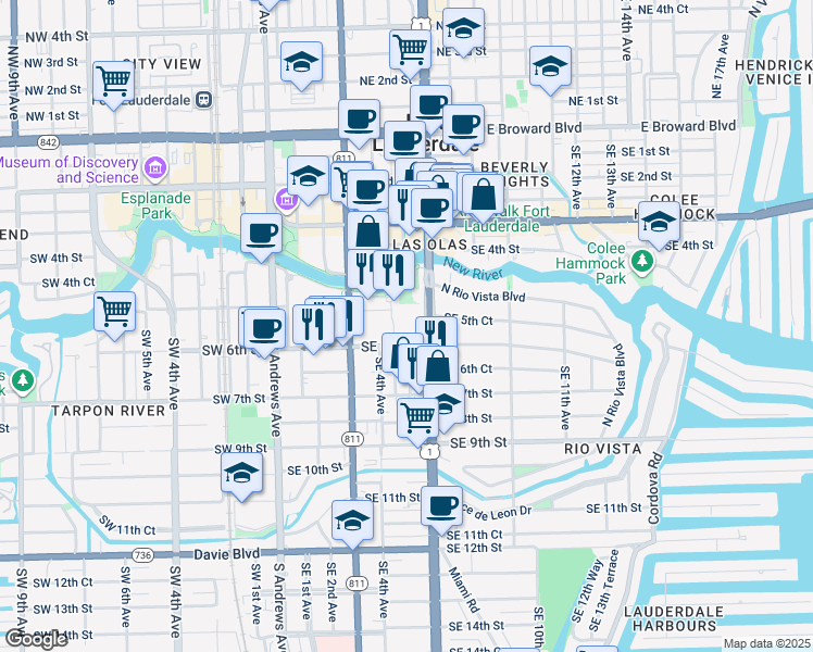 map of restaurants, bars, coffee shops, grocery stores, and more near 503 Southeast 6th Street in Fort Lauderdale