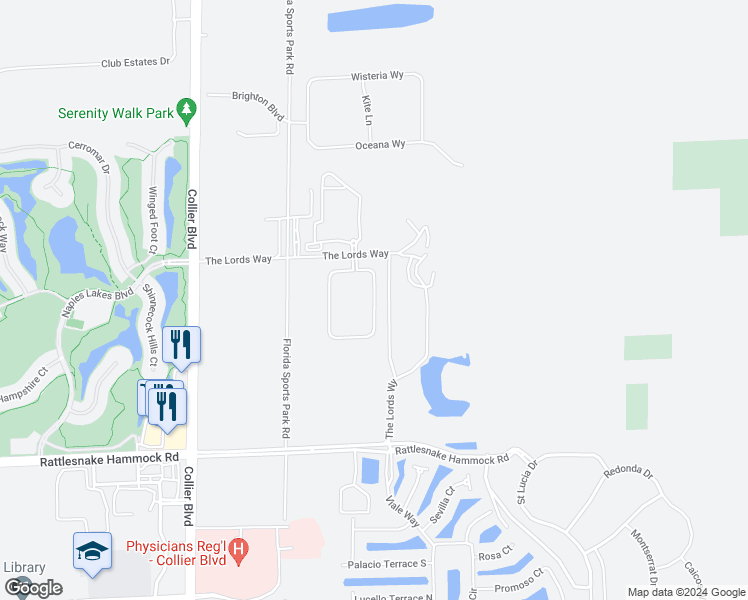 map of restaurants, bars, coffee shops, grocery stores, and more near 4710 The Lords Way in Naples