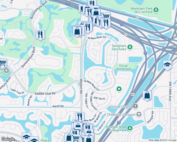 map of restaurants, bars, coffee shops, grocery stores, and more near 535 Lakeside Circle in Sunrise