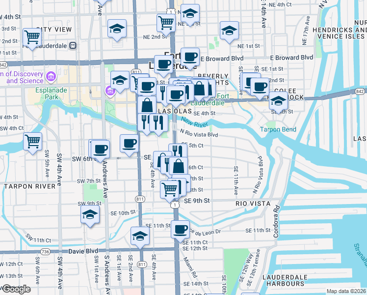 map of restaurants, bars, coffee shops, grocery stores, and more near 654 Southeast 6th Street in Fort Lauderdale