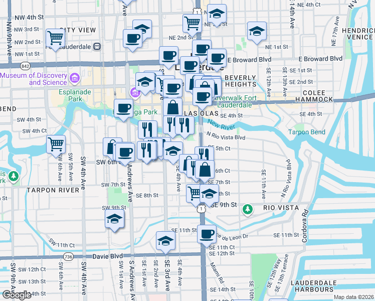 map of restaurants, bars, coffee shops, grocery stores, and more near 400 Southeast 6th Street in Fort Lauderdale