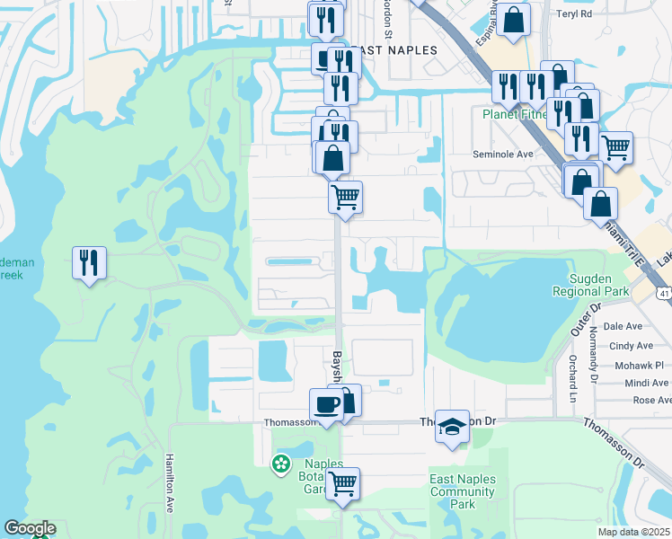 map of restaurants, bars, coffee shops, grocery stores, and more near 129 North Street in Naples