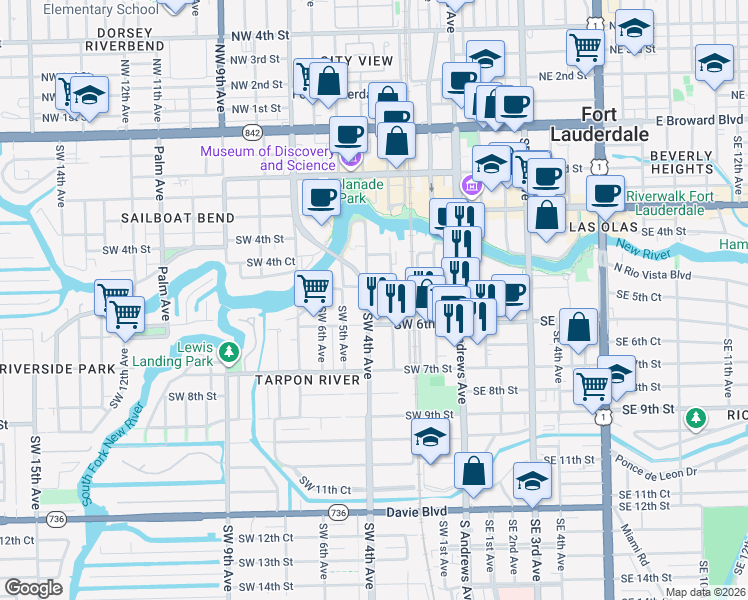 map of restaurants, bars, coffee shops, grocery stores, and more near 529 Southwest 3rd Avenue in Fort Lauderdale