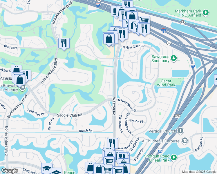 map of restaurants, bars, coffee shops, grocery stores, and more near 16057 Fairway Circle in Weston