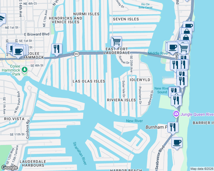 map of restaurants, bars, coffee shops, grocery stores, and more near 625 Isle of Palms Drive in Fort Lauderdale