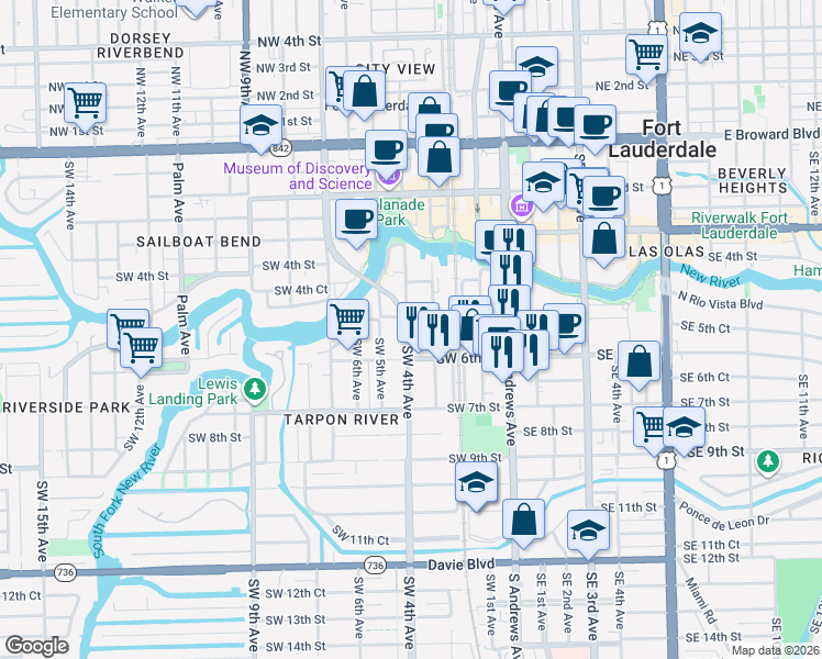 map of restaurants, bars, coffee shops, grocery stores, and more near 529 Southwest 3rd Avenue in Fort Lauderdale