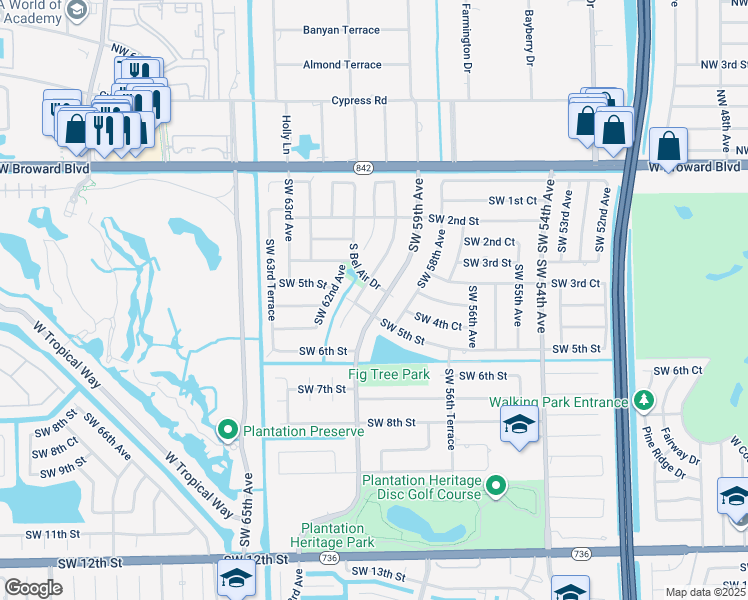 map of restaurants, bars, coffee shops, grocery stores, and more near 466 South Fig Tree Lane in Plantation