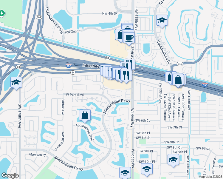 map of restaurants, bars, coffee shops, grocery stores, and more near 13753 South Garden Cove Circle in Davie