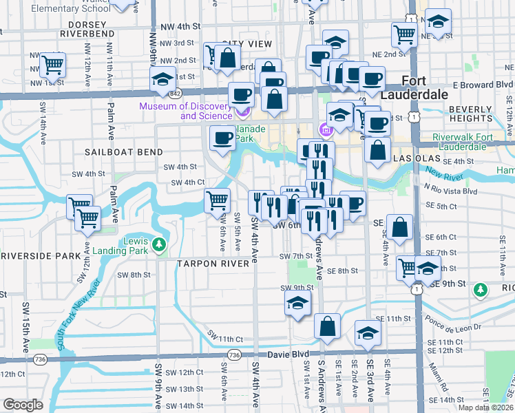 map of restaurants, bars, coffee shops, grocery stores, and more near 529 Southwest 3rd Avenue in Fort Lauderdale