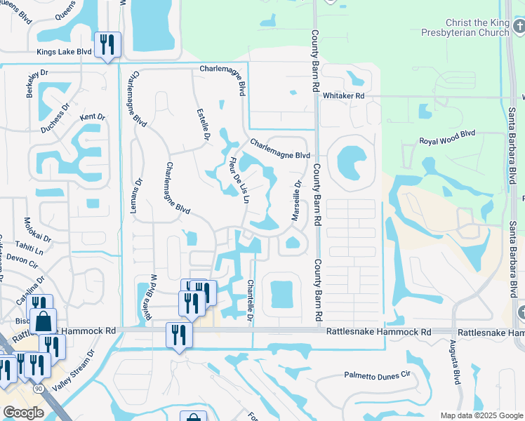 map of restaurants, bars, coffee shops, grocery stores, and more near 108 Champagne Court in Naples