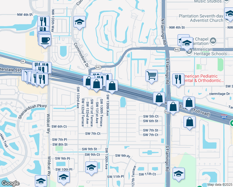 map of restaurants, bars, coffee shops, grocery stores, and more near 12771-12845 Port Everglades Expressway in Davie