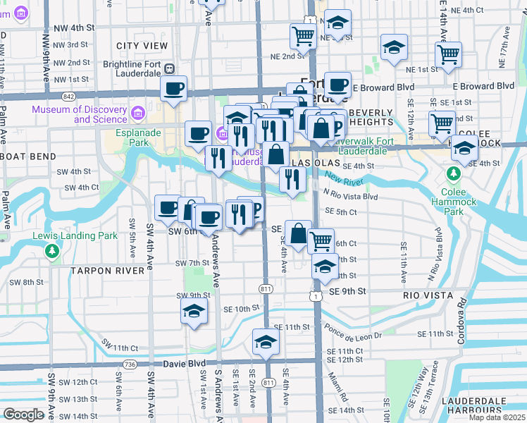 map of restaurants, bars, coffee shops, grocery stores, and more near 511 Southeast 3rd Avenue in Fort Lauderdale