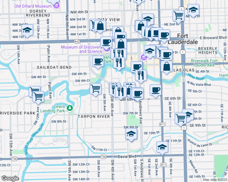 map of restaurants, bars, coffee shops, grocery stores, and more near 451 Southwest 3rd Avenue in Fort Lauderdale