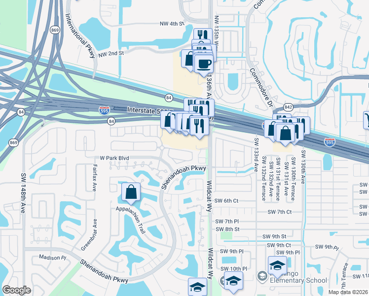 map of restaurants, bars, coffee shops, grocery stores, and more near 13751 North Garden Cove Circle in Davie