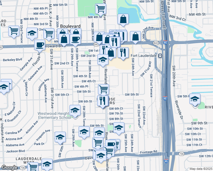 map of restaurants, bars, coffee shops, grocery stores, and more near 201 Southwest 4th Court in Fort Lauderdale