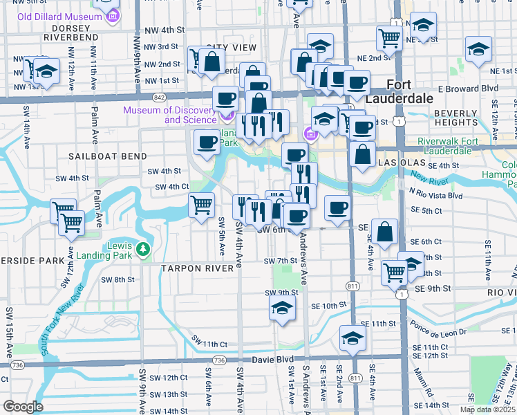 map of restaurants, bars, coffee shops, grocery stores, and more near 451 Southwest 3rd Avenue in Fort Lauderdale