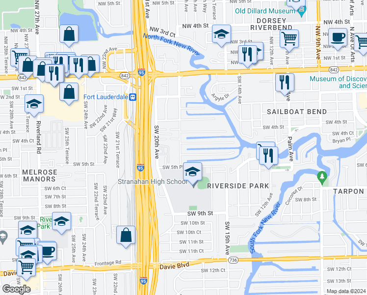 map of restaurants, bars, coffee shops, grocery stores, and more near 500 Southwest 18th Avenue in Fort Lauderdale