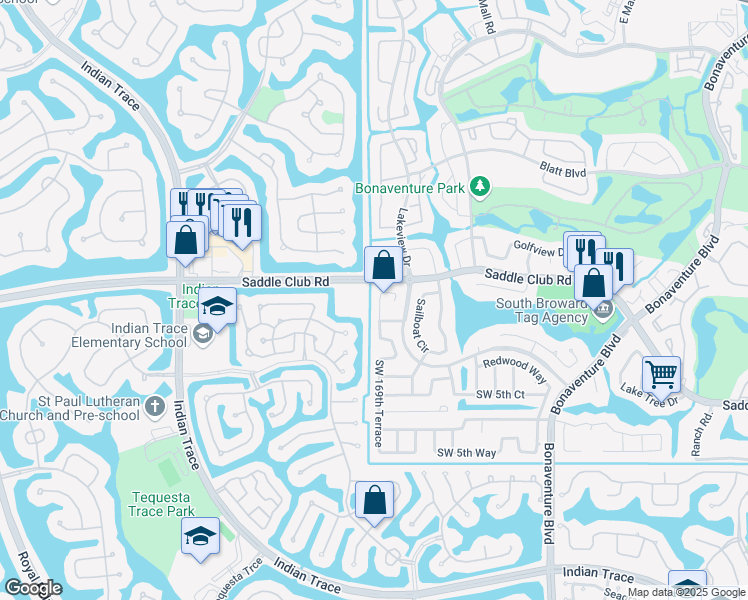 map of restaurants, bars, coffee shops, grocery stores, and more near 427 Southwest 169th Terrace in Weston