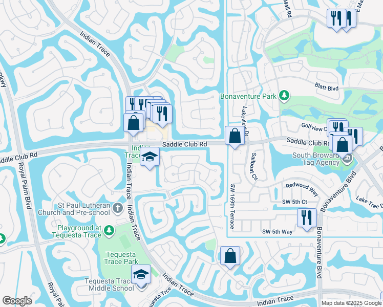 map of restaurants, bars, coffee shops, grocery stores, and more near 401 Bermuda Springs Drive in Weston