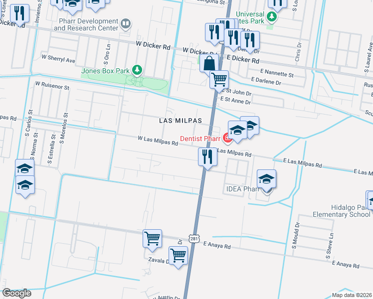 map of restaurants, bars, coffee shops, grocery stores, and more near 8130 East Las Milpas Road in Pharr