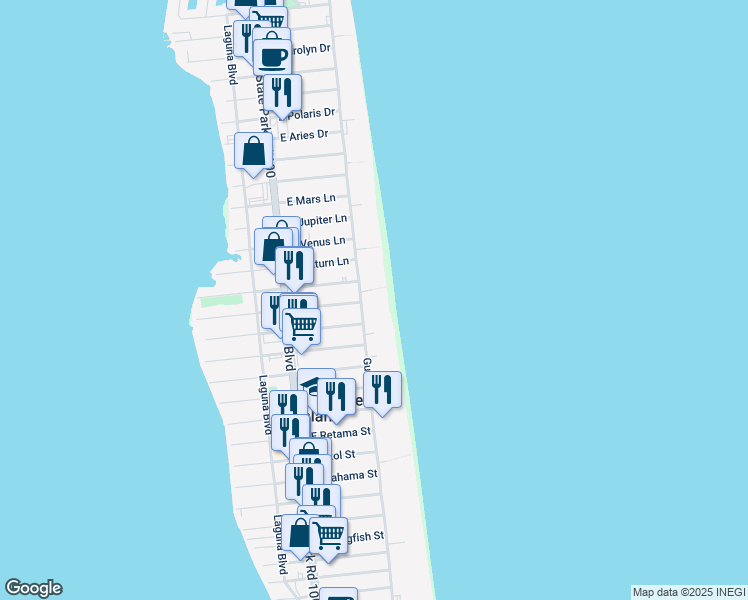 map of restaurants, bars, coffee shops, grocery stores, and more near 4300 Gulf Boulevard in South Padre Island