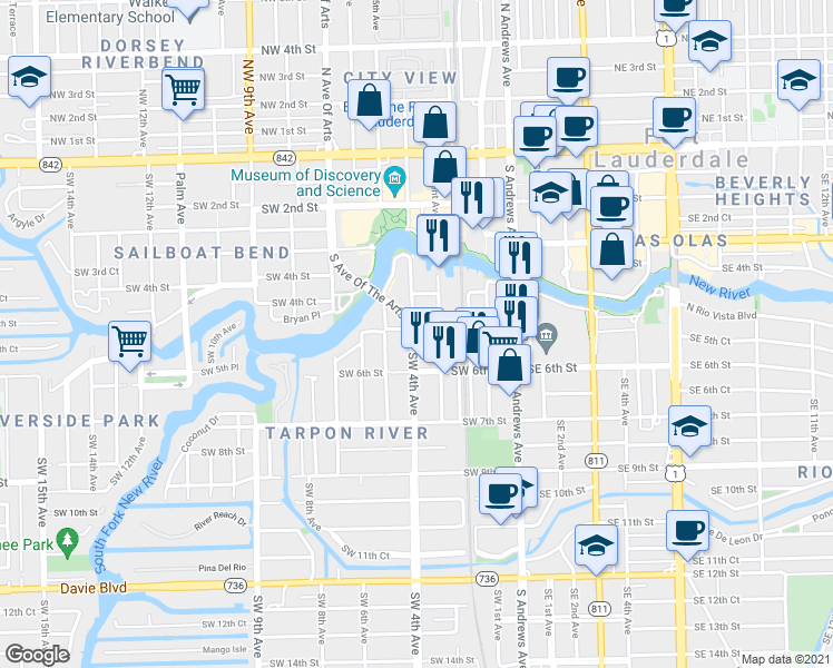 map of restaurants, bars, coffee shops, grocery stores, and more near 451 Southwest 3rd Avenue in Fort Lauderdale