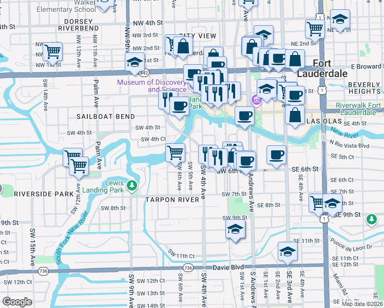 map of restaurants, bars, coffee shops, grocery stores, and more near 464 Southwest 5th Avenue in Fort Lauderdale