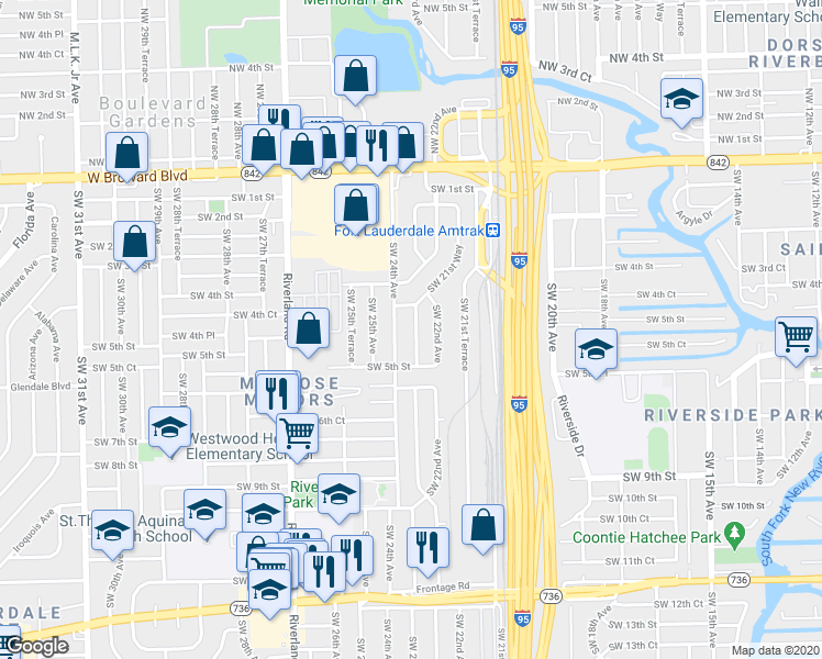 map of restaurants, bars, coffee shops, grocery stores, and more near 404 Southwest 24th Avenue in Fort Lauderdale