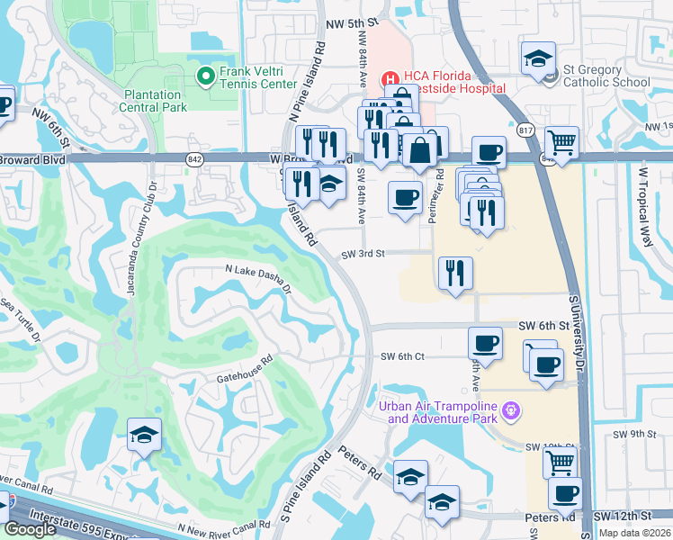 map of restaurants, bars, coffee shops, grocery stores, and more near in Plantation
