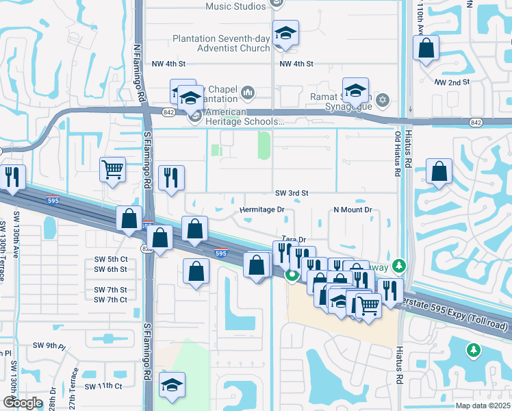 map of restaurants, bars, coffee shops, grocery stores, and more near 11900 Southwest 3rd Street in Plantation