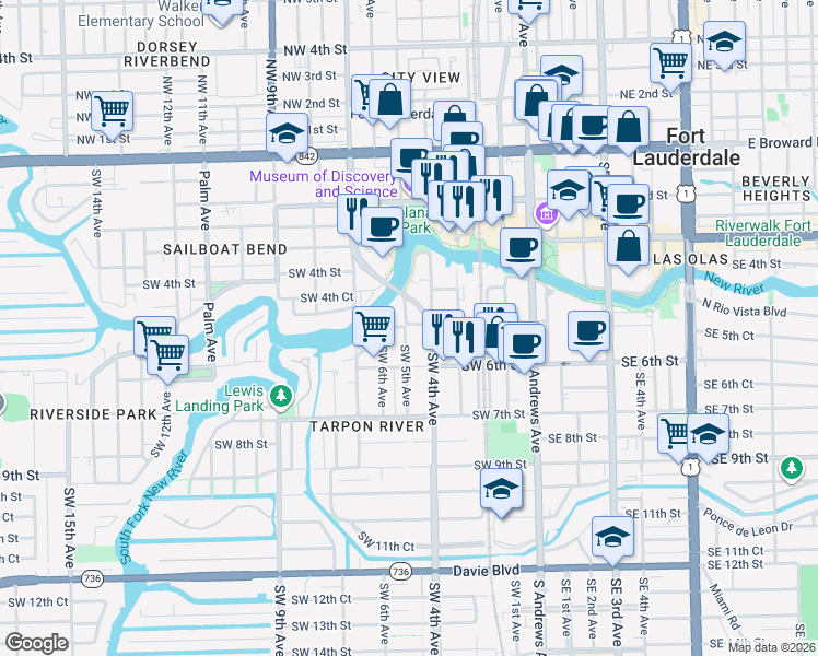 map of restaurants, bars, coffee shops, grocery stores, and more near 464 Southwest 5th Avenue in Fort Lauderdale