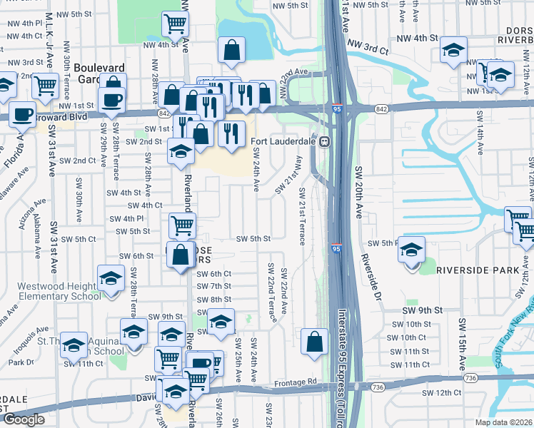 map of restaurants, bars, coffee shops, grocery stores, and more near 417 Southwest 22nd Terrace in Fort Lauderdale