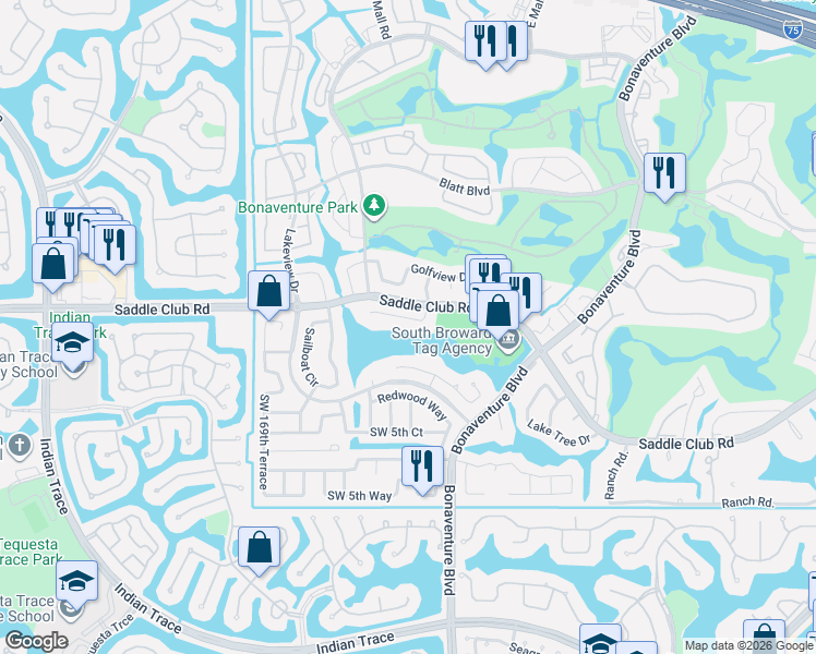 map of restaurants, bars, coffee shops, grocery stores, and more near 16750 Harbor Court in Weston