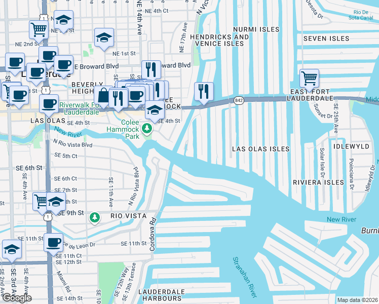 map of restaurants, bars, coffee shops, grocery stores, and more near 505 Mola Avenue in Fort Lauderdale
