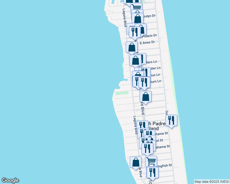 map of restaurants, bars, coffee shops, grocery stores, and more near 226 Esperanza Street in South Padre Island