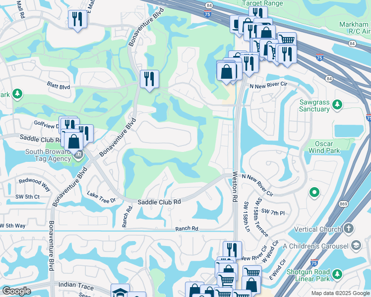 map of restaurants, bars, coffee shops, grocery stores, and more near 16200 Golf Club Road in Weston