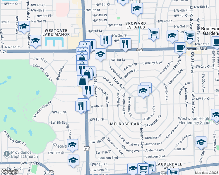 map of restaurants, bars, coffee shops, grocery stores, and more near 320 Pennsylvania Avenue in Fort Lauderdale