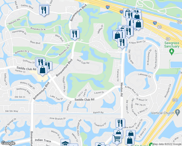 map of restaurants, bars, coffee shops, grocery stores, and more near 16300 Golf Club Road in Weston