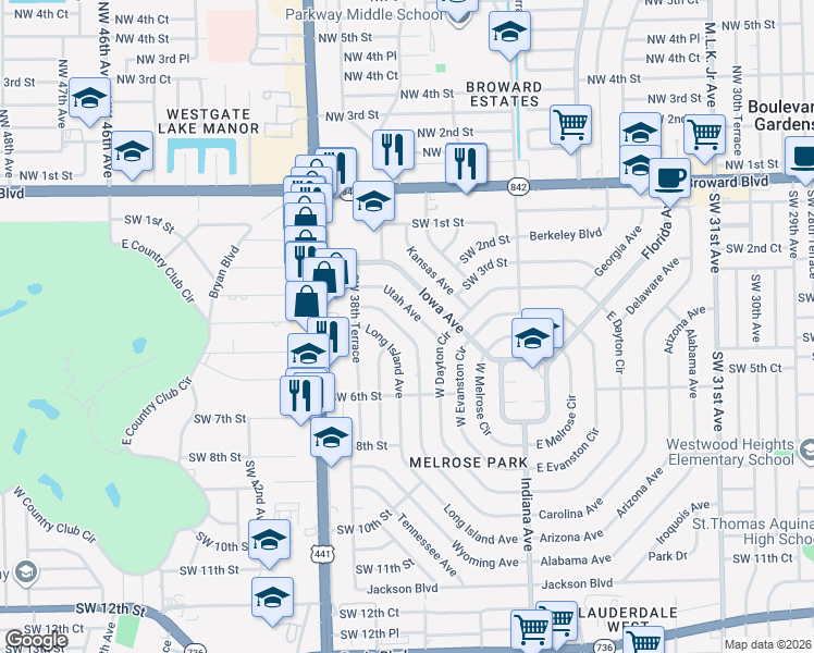 map of restaurants, bars, coffee shops, grocery stores, and more near 320 Pennsylvania Avenue in Fort Lauderdale