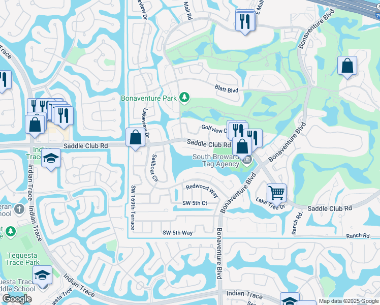 map of restaurants, bars, coffee shops, grocery stores, and more near 16750 Harbor Court in Weston