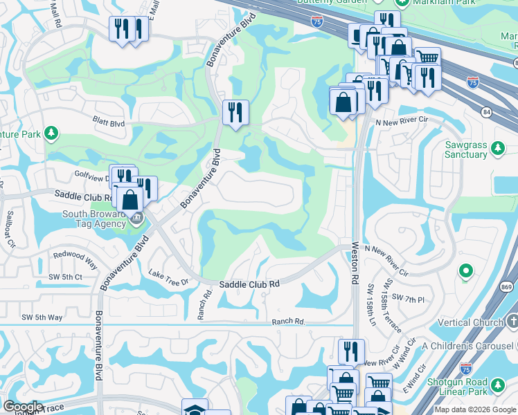 map of restaurants, bars, coffee shops, grocery stores, and more near 16300 Golf Club Road in Weston