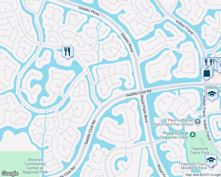 map of restaurants, bars, coffee shops, grocery stores, and more near 1075 Chenille Circle in Weston