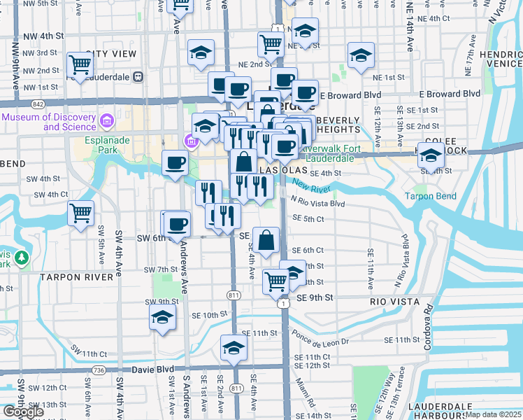 map of restaurants, bars, coffee shops, grocery stores, and more near 511 Southeast 5th Avenue in Fort Lauderdale