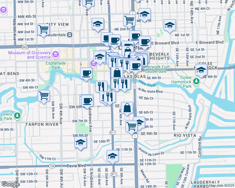 map of restaurants, bars, coffee shops, grocery stores, and more near 511 Southeast 5th Avenue in Fort Lauderdale
