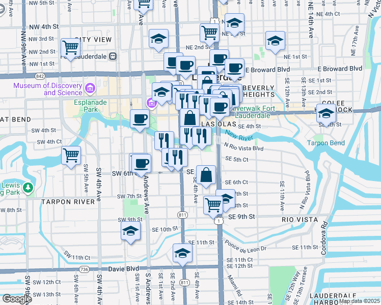 map of restaurants, bars, coffee shops, grocery stores, and more near 511 Southeast 5th Avenue in Fort Lauderdale