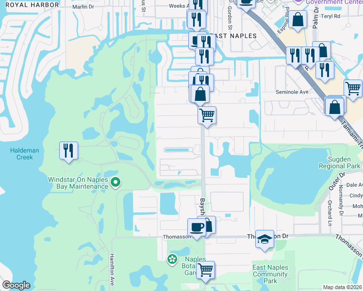map of restaurants, bars, coffee shops, grocery stores, and more near 2700 Linda Drive in Naples