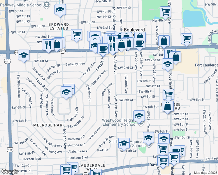 map of restaurants, bars, coffee shops, grocery stores, and more near 420 Arizona Avenue in Fort Lauderdale