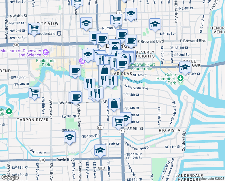 map of restaurants, bars, coffee shops, grocery stores, and more near 510 Southeast 5th Avenue in Fort Lauderdale